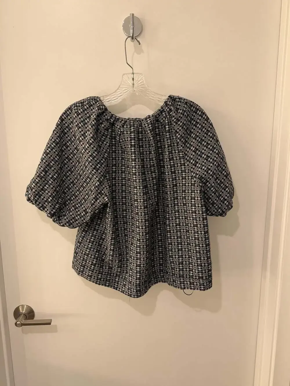 Free People Plaid Button-Down Puff Sleeve Top